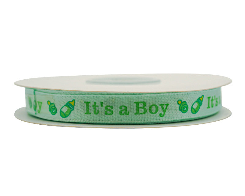 3/8"x 25 yards Mint It's a Boy Baby Shower Printed Satin Gift Ribbon - Pack of 15 Rolls