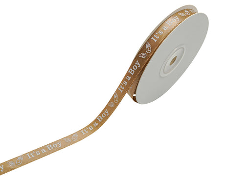 3/8"x 25 yards Tan It's a Boy Baby Shower Printed Satin Gift Ribbon
