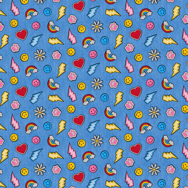 Cotton Smileys & Rainbows Print Fabric 43/44" Blue