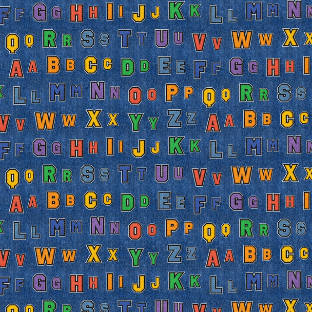 Cotton Print Blue Patch Perfect Alphabet Rows Fabric 43/44