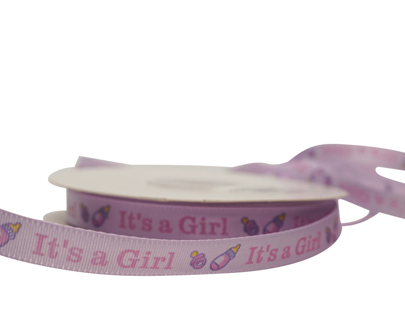 3/8" x 25 Yards Lavender/Pink It's a Girl Baby Shower Printed Satin Gift Ribbon