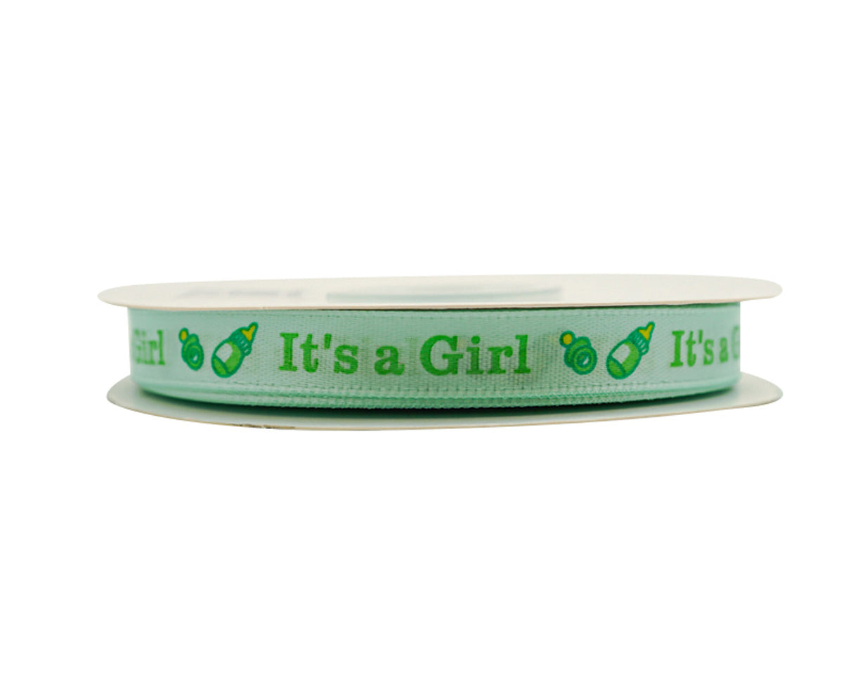 3/8"x 25 yards Mint It's a Girl Baby Shower Printed Satin Gift Ribbon