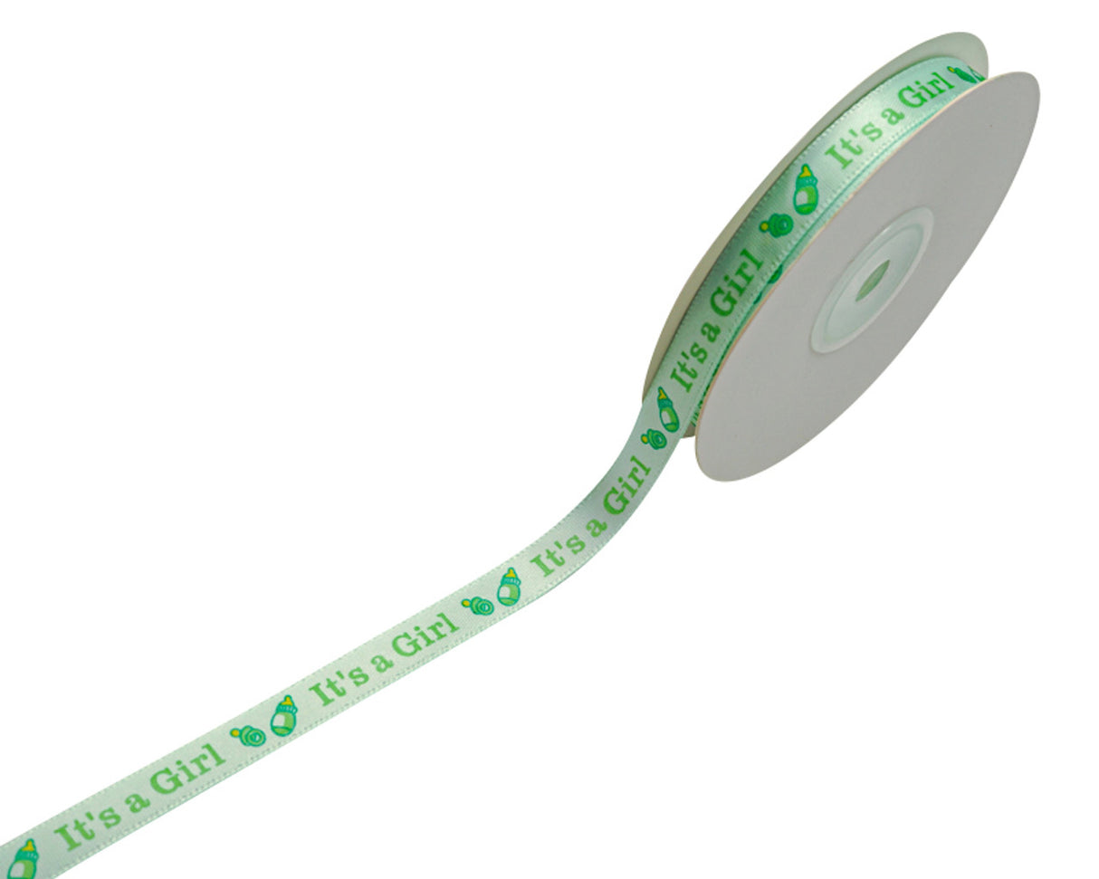3/8"x 25 yards Mint It's a Girl Baby Shower Printed Satin Gift Ribbon
