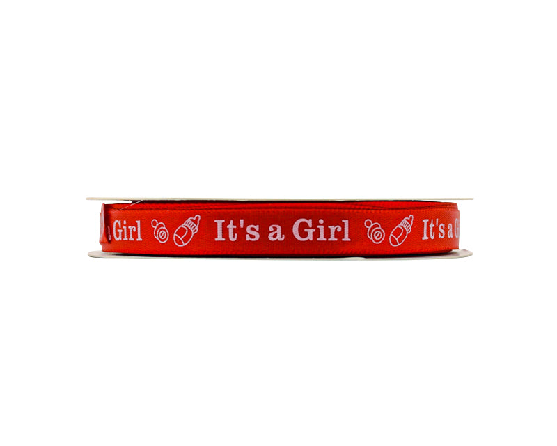 3/8"x 25 yards Red It's a Girl Baby Shower Printed Satin Gift Ribbon