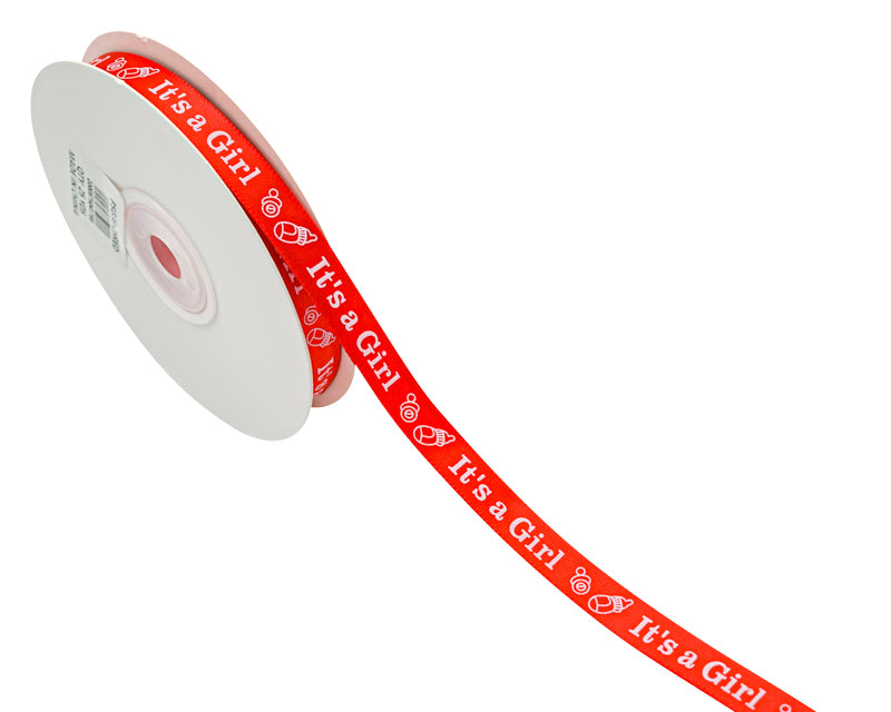 3/8"x 25 yards Red It's a Girl Baby Shower Printed Satin Gift Ribbon