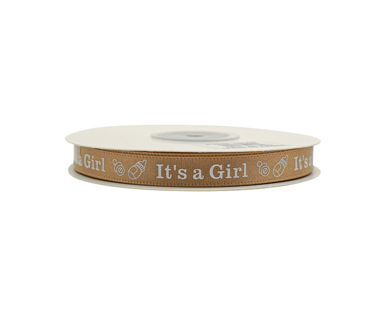3/8"x 25 yards Tan It's a Girl Baby Shower Printed Satin Gift Ribbon - Pack of 15 Rolls