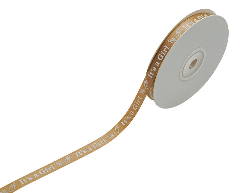 3/8"x 25 yards Tan It's a Girl Baby Shower Printed Satin Gift Ribbon - Pack of 15 Rolls