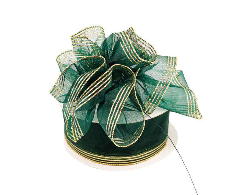 1.5"x25 yards Hunter Green/Gold Organza Pull Bows Gift Ribbon - Pack of 5 Rolls