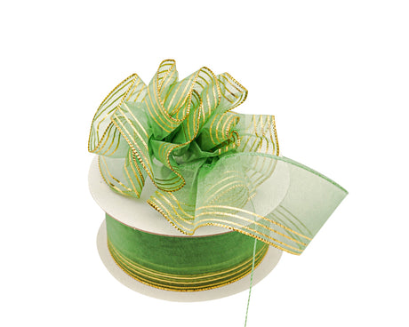 1.5"x25 yards Sage Green /Gold Organza Pull Bows Gift Ribbon