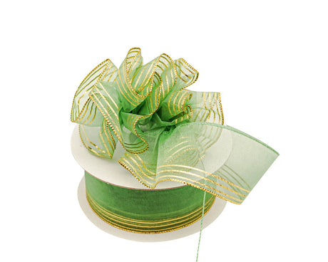 1.5"x25 yards Sage Green /Gold Organza Pull Bows Gift Ribbon - Pack of 5 Rolls