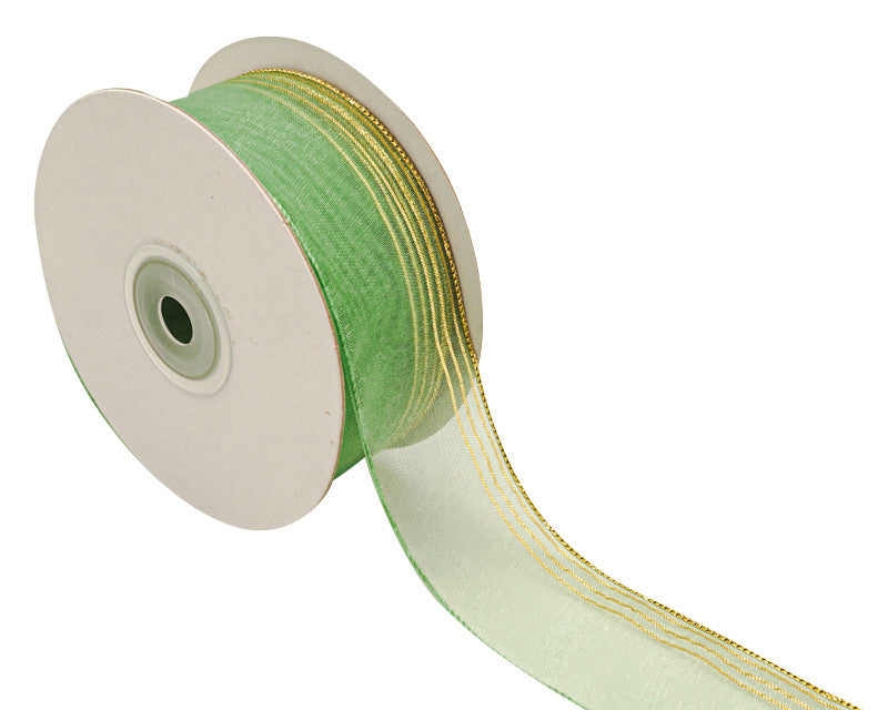 1.5"x25 yards Sage Green /Gold Organza Pull Bows Gift Ribbon - Pack of 5 Rolls