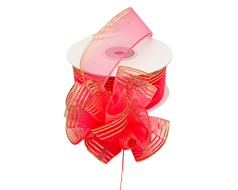 1.5"x25 yards Shocking Pink/Gold Organza Pull Bows Gift Ribbon - Pack of 5 Rolls
