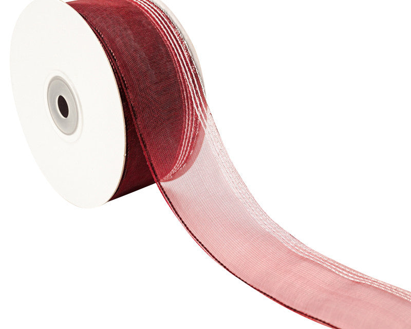 1.5"x25 yards Burgundy/Silver Organza Pull Bows Gift Ribbon - Pack of 5 Rolls