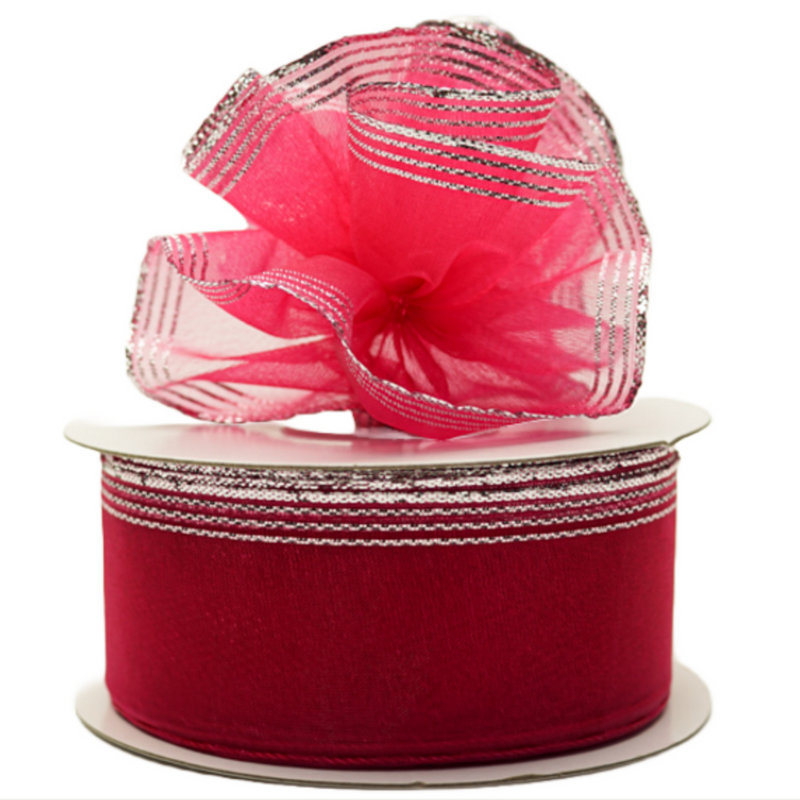 1.5"x25 yards Fuchsia/Silver Organza Pull Bows Gift Ribbon