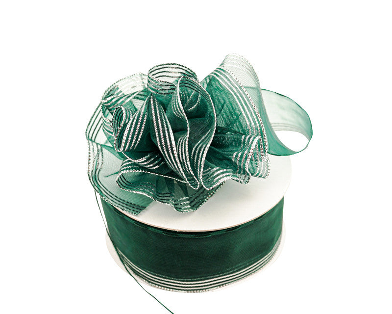 1.5"x25 yards Hunter Green /Silver Organza Pull Bows Gift Ribbon - Pack of 5 Rolls
