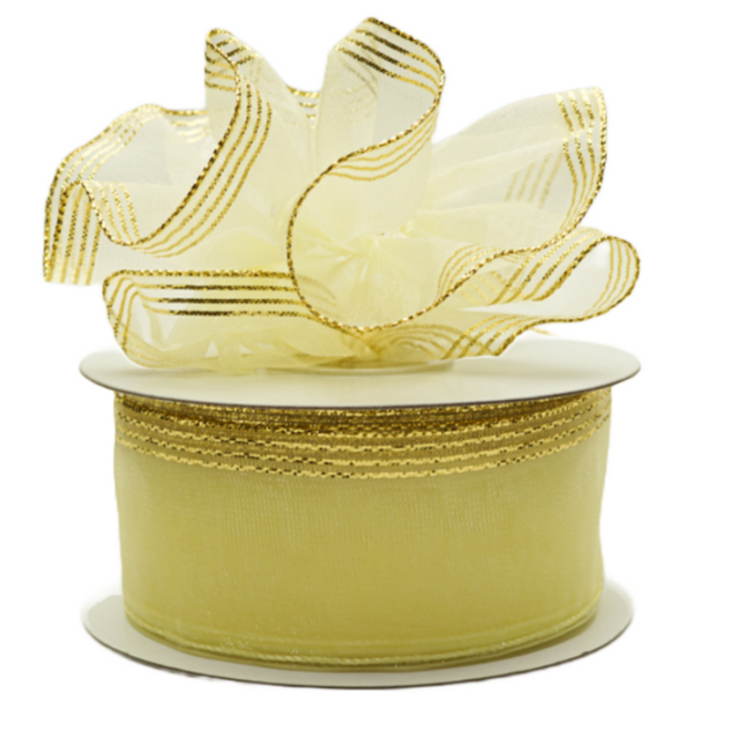 1.5"x25 yards Light Yellow Organza Pull Bows Gift Ribbon with Gold Edge