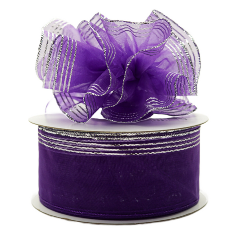 1.5"x25 yards Purple/Silver Organza Pull Bows Gift Ribbon