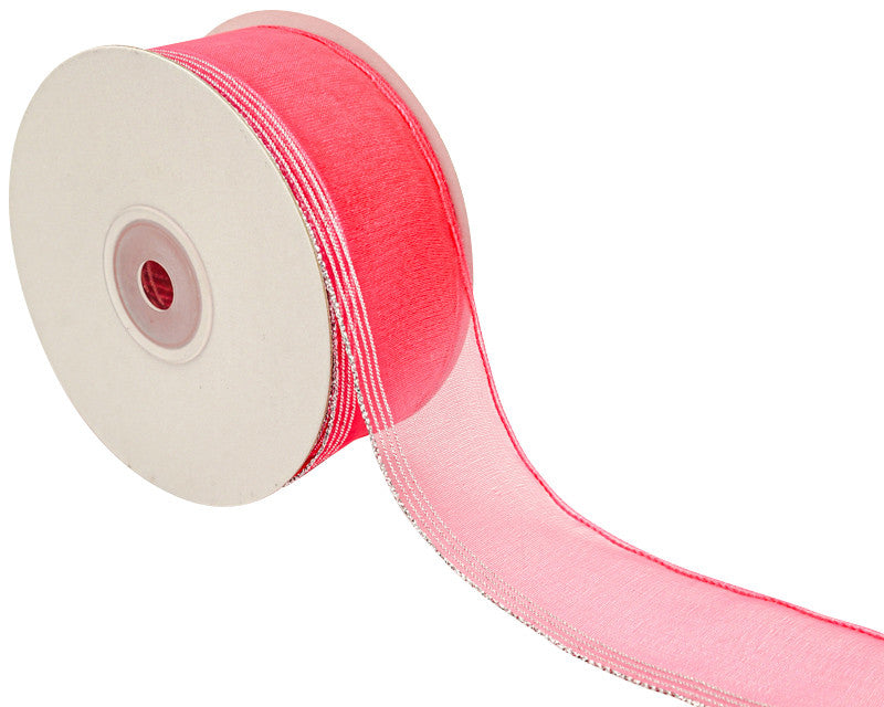 1.5"x25 yards Shocking Pink/Silver Organza Pull Bows Gift Ribbon - Pack of 5 Rolls