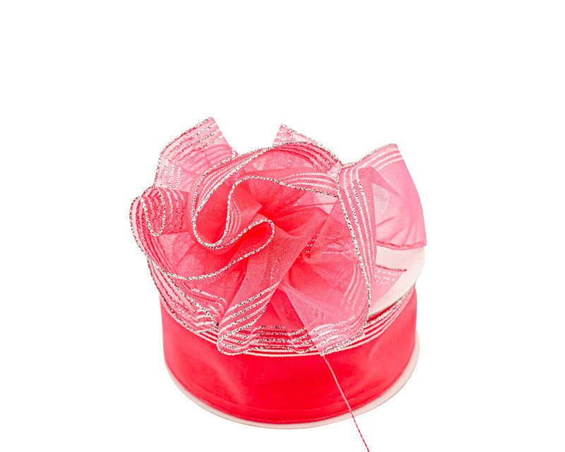 1.5"x25 yards Shocking Pink/Silver Organza Pull Bows Gift Ribbon - Pack of 5 Rolls
