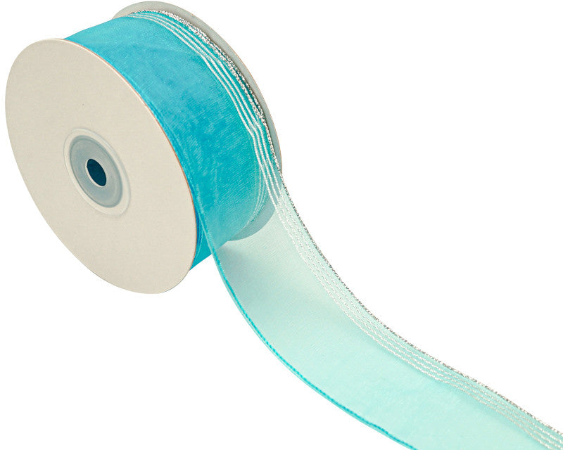 1.5"x25 yards Turquiose/Silver Organza Pull Bows Gift Ribbon - Pack of 5 Rolls