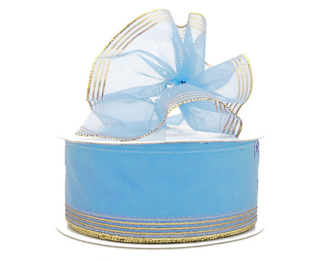 1.5"x25 yards Light Blue/Gold Organza Pull Bows Gift Ribbon