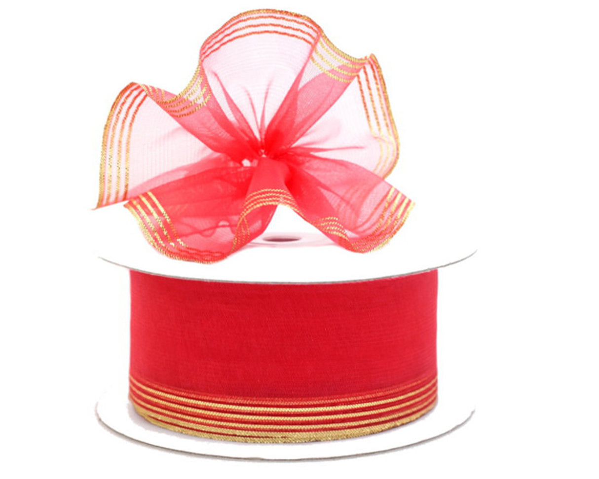 1.5"x25 yards Coral/Gold Organza Pull Bows Gift Ribbon