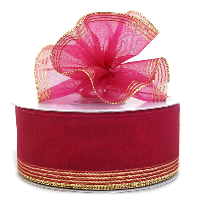 1.5"x25 yards Fuchsia/Gold Organza Pull Bows Gift Ribbon