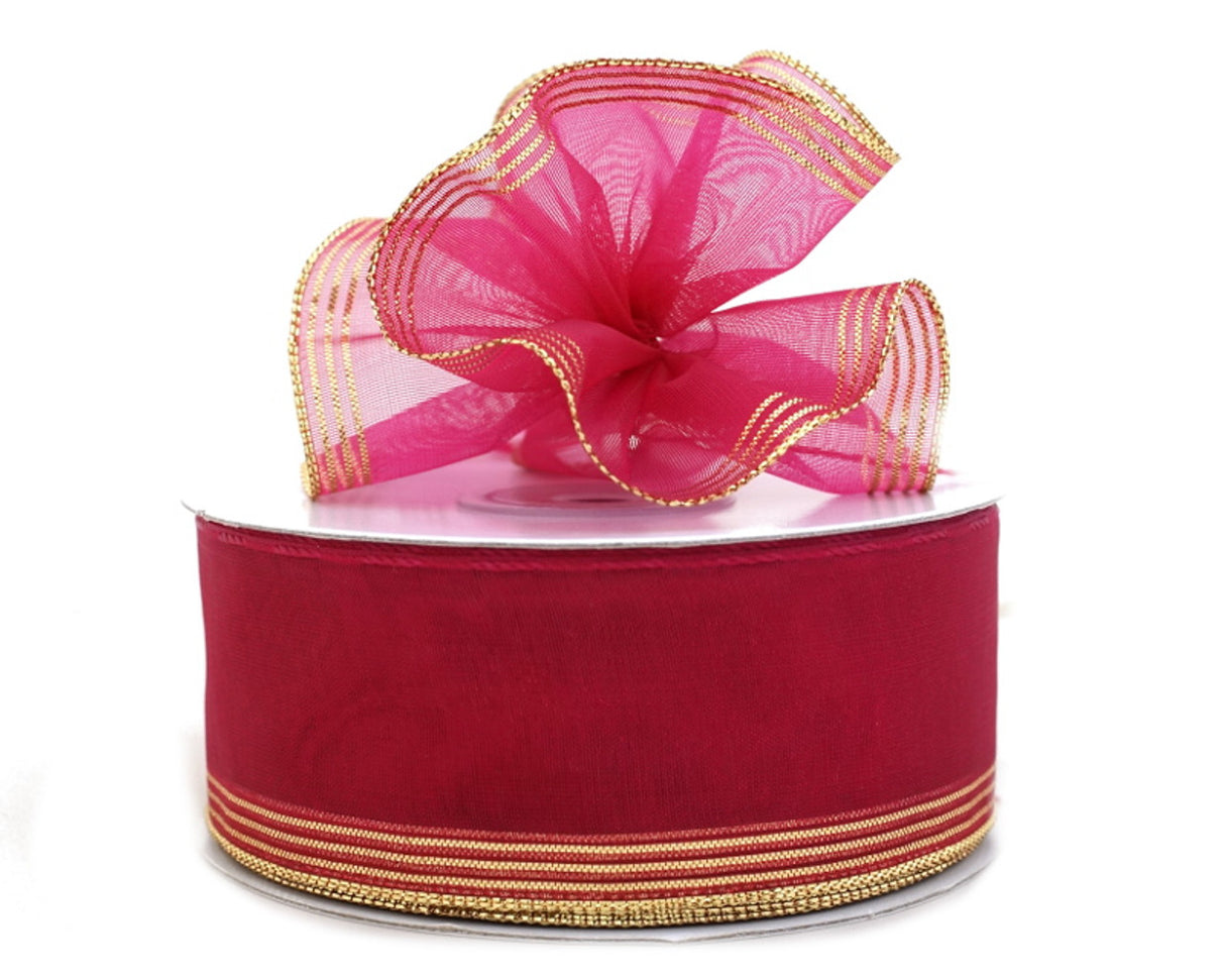 1.5"x25 yards Fuchsia/Gold Organza Pull Bows Gift Ribbon