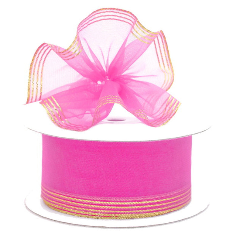 1.5"x25 yards Hot Pink Organza Pull Bows Gift Ribbon with Gold Edge