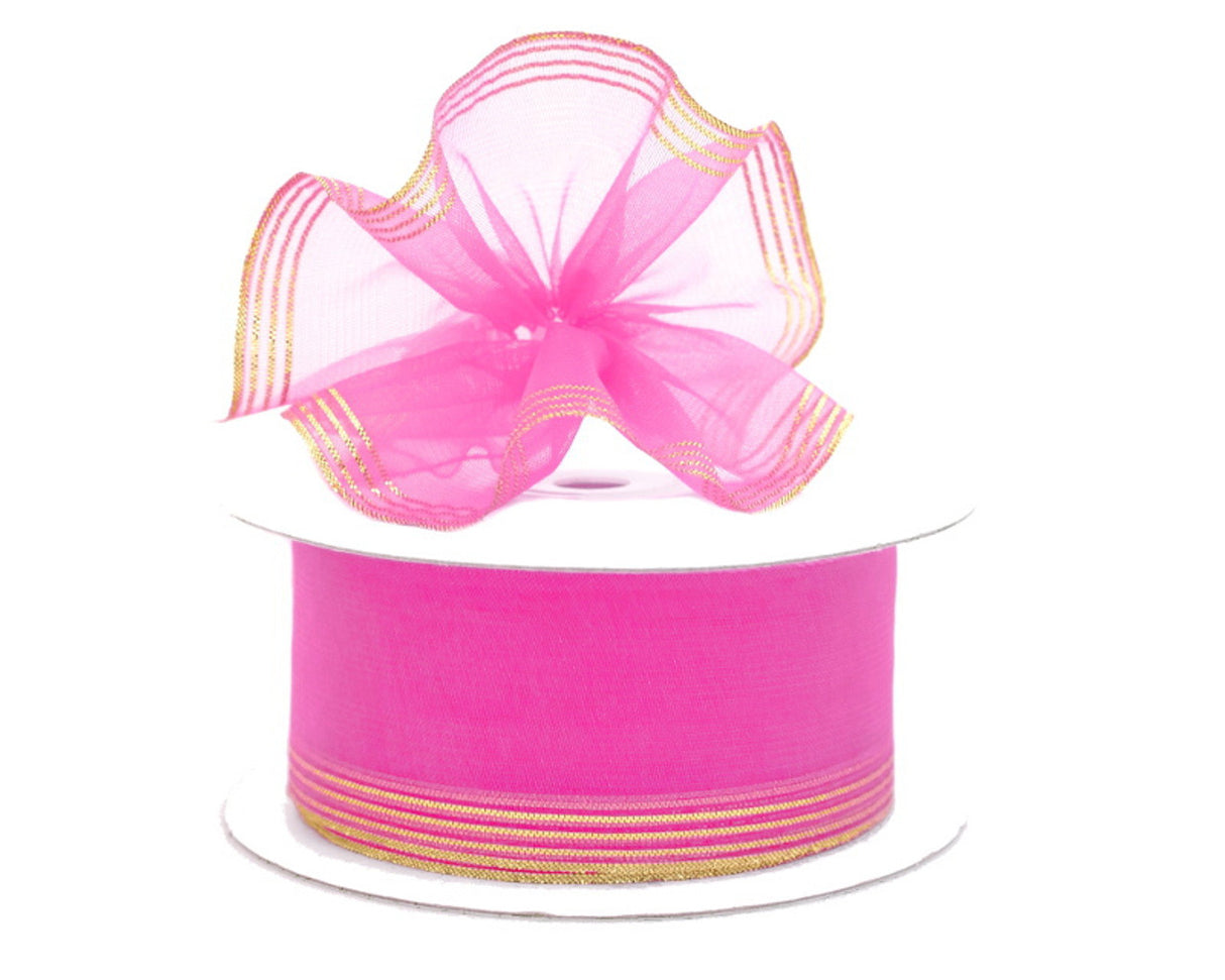 1.5"x25 yards Hot Pink Organza Pull Bows Gift Ribbon with Gold Edge