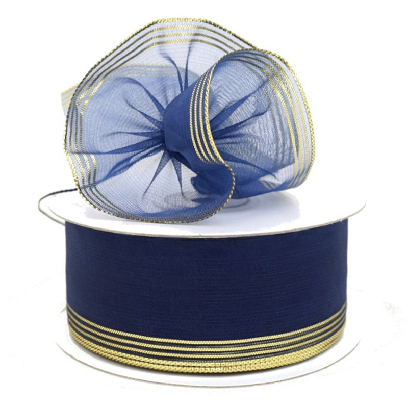 1.5"x25 yards Navy Blue Organza Pull Bows Gift Ribbon with Gold Edge