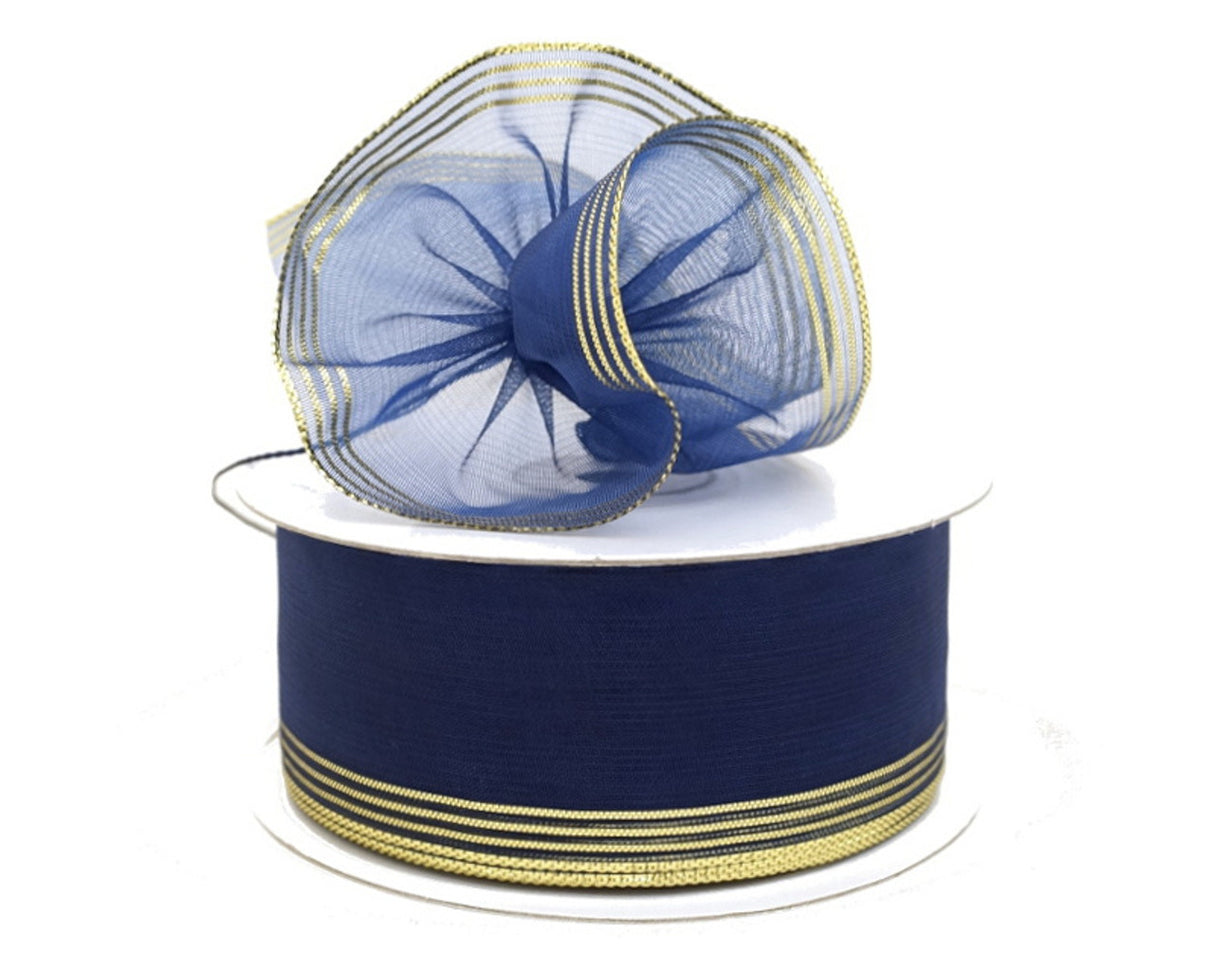 1.5"x25 yards Navy Blue Organza Pull Bows Gift Ribbon with Gold Edge