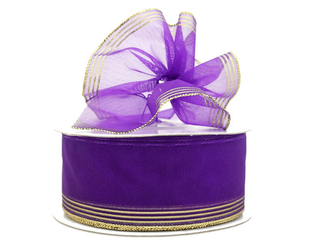 1.5"x25 yards Purple/Gold Organza Pull Bows Gift Ribbon