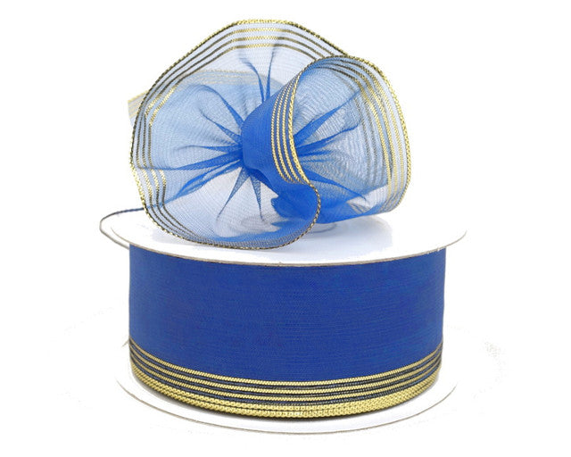 1.5"x25 yards Royal Blue/Gold Organza Pull Bows Gift Ribbon