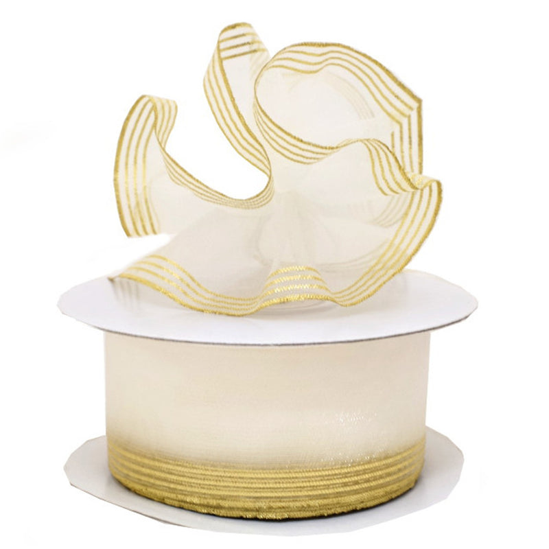 1.5"x25 yards White/Gold Organza Pull Bows Gift Ribbon