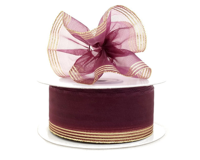 1.5"x25 yards Burgundy Gold Trim Organza Pull Bows Gift Ribbon