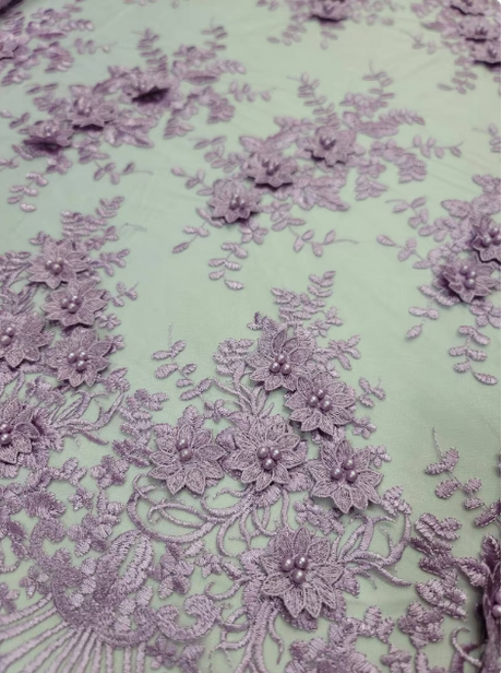 3D Floral Lace Lavender Embroidered Pearls