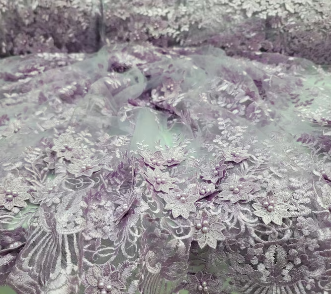 3D Floral Lace Lavender Embroidered Pearls