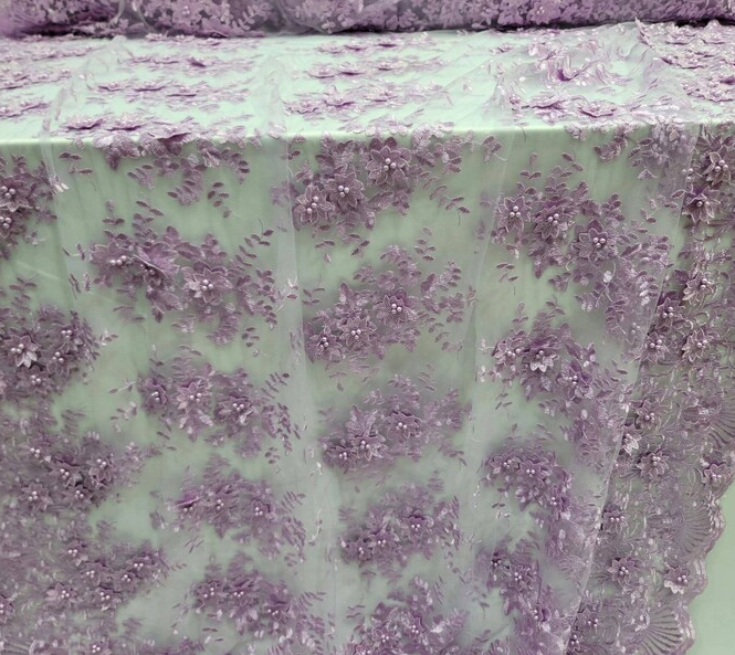 3D Floral Lace Lavender Embroidered Pearls