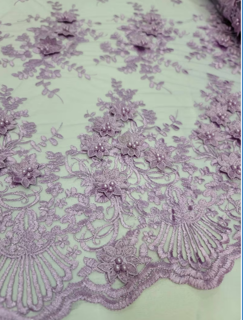 3D Floral Lace Lavender Embroidered Pearls