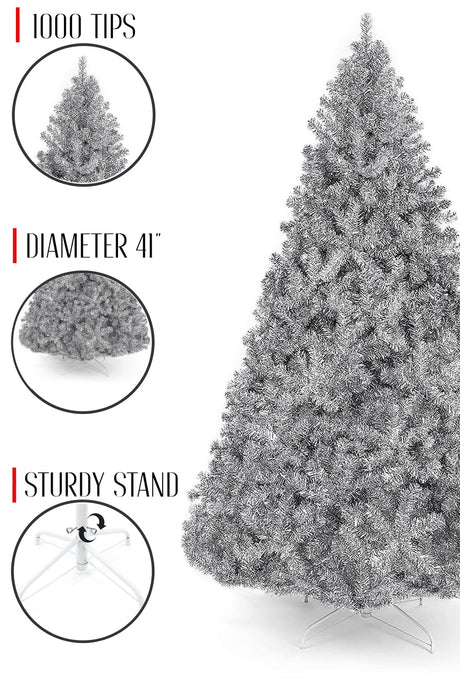 Full Bodied Metallic Silver Tinsel Tree with Metal Stand