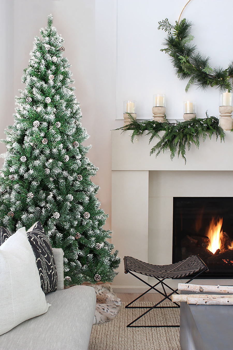Pre-lit Slim Snow Flocked Atka Christmas Tree with Metal Stand and Instant Connect