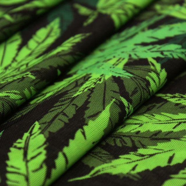 Cannabis Leaf Printed Nylon Spandex Power Mesh Fabric - Dark Green/Green, 55/56" Width (1 Yard)
