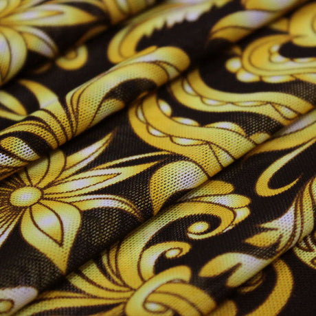 Gold Black Baroque Printed Nylon Spandex Power Mesh Fabric - Gold Black Baroque Print, 55/56" Width (1 Yard)