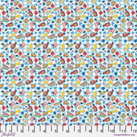 Cotton Print Blue Americas Birthday Cookout Fabric 44/45"