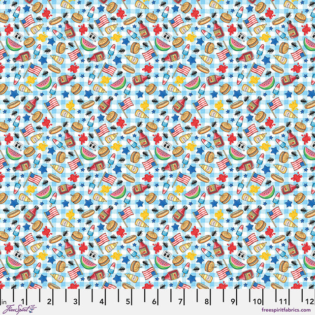 Cotton Print Blue Americas Birthday Cookout Fabric 44/45"