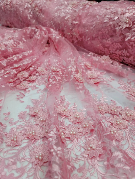 Pink 3D Beaded Lace Floral Embroidered Mesh