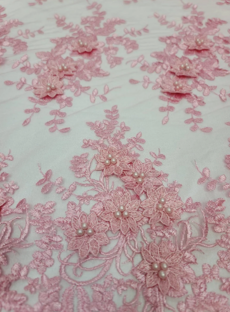 Pink 3D Beaded Lace Floral Embroidered Mesh