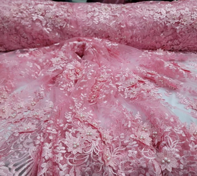 Pink 3D Beaded Lace Floral Embroidered Mesh