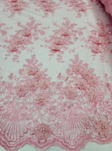 Pink 3D Beaded Lace Floral Embroidered Mesh